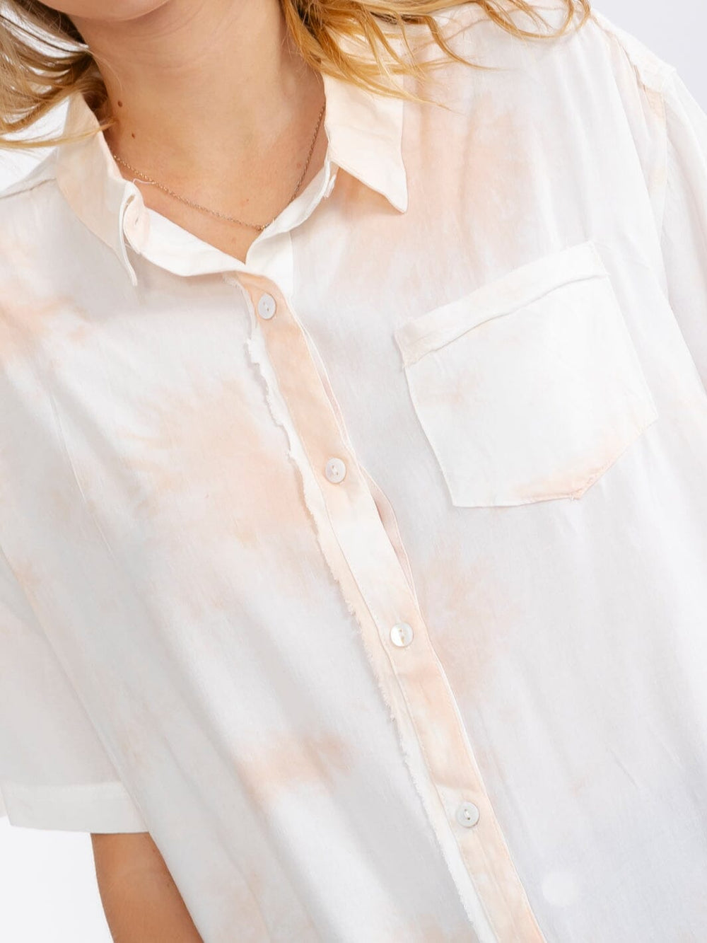 WOMEN'S SHORT SLEEVE FRONT POCKET BUTTON UP TIE DYE BLOUSE