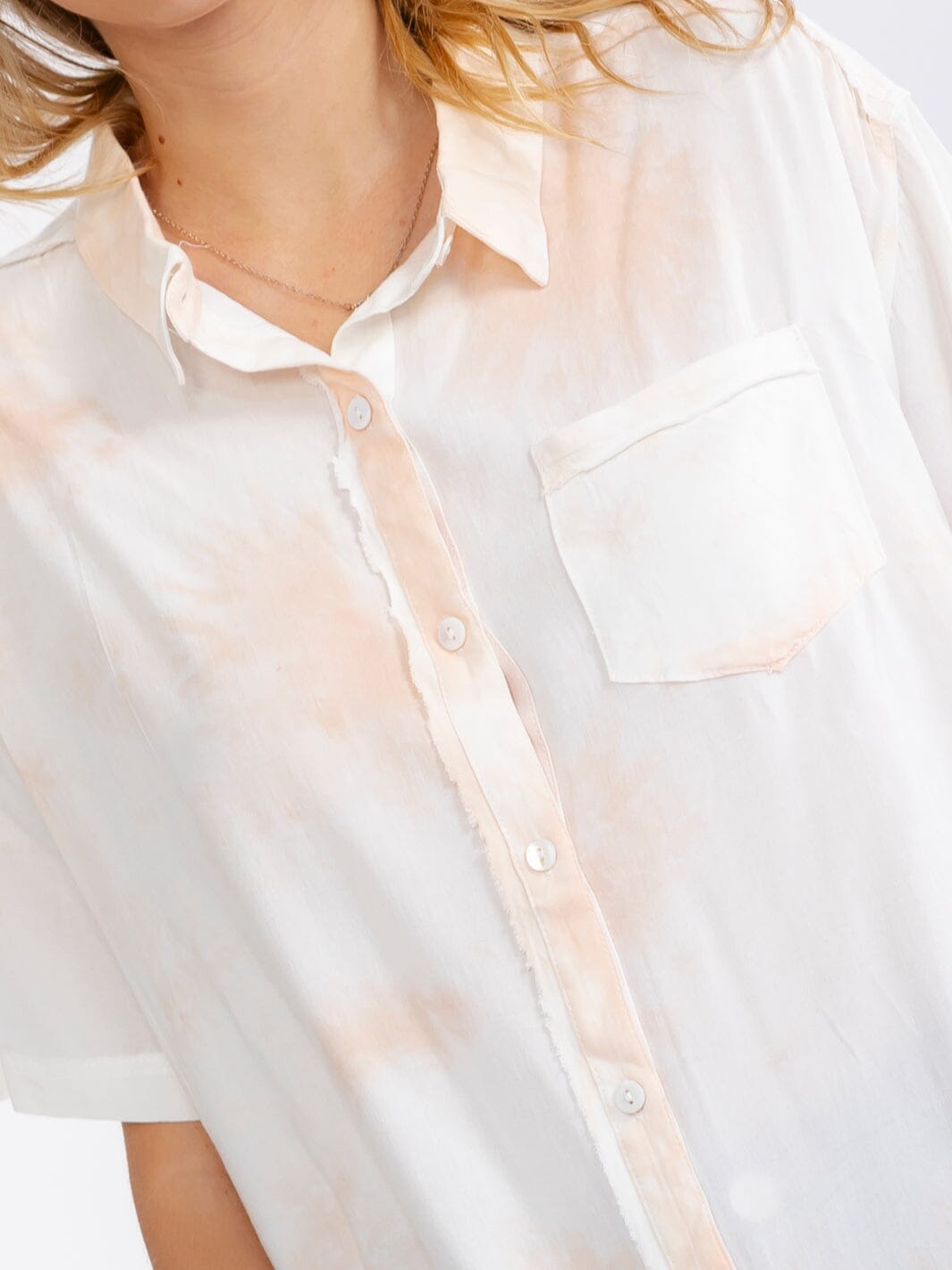 WOMEN'S SHORT SLEEVE FRONT POCKET BUTTON UP TIE DYE BLOUSE