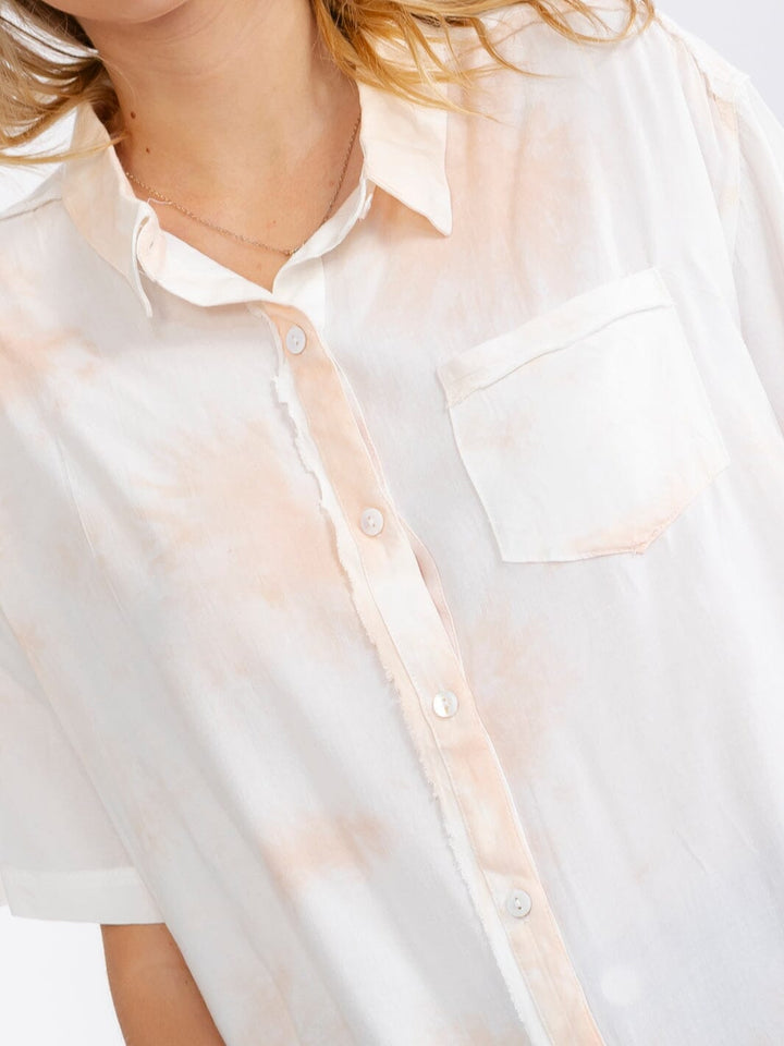 WOMEN'S SHORT SLEEVE FRONT POCKET BUTTON UP TIE DYE BLOUSE