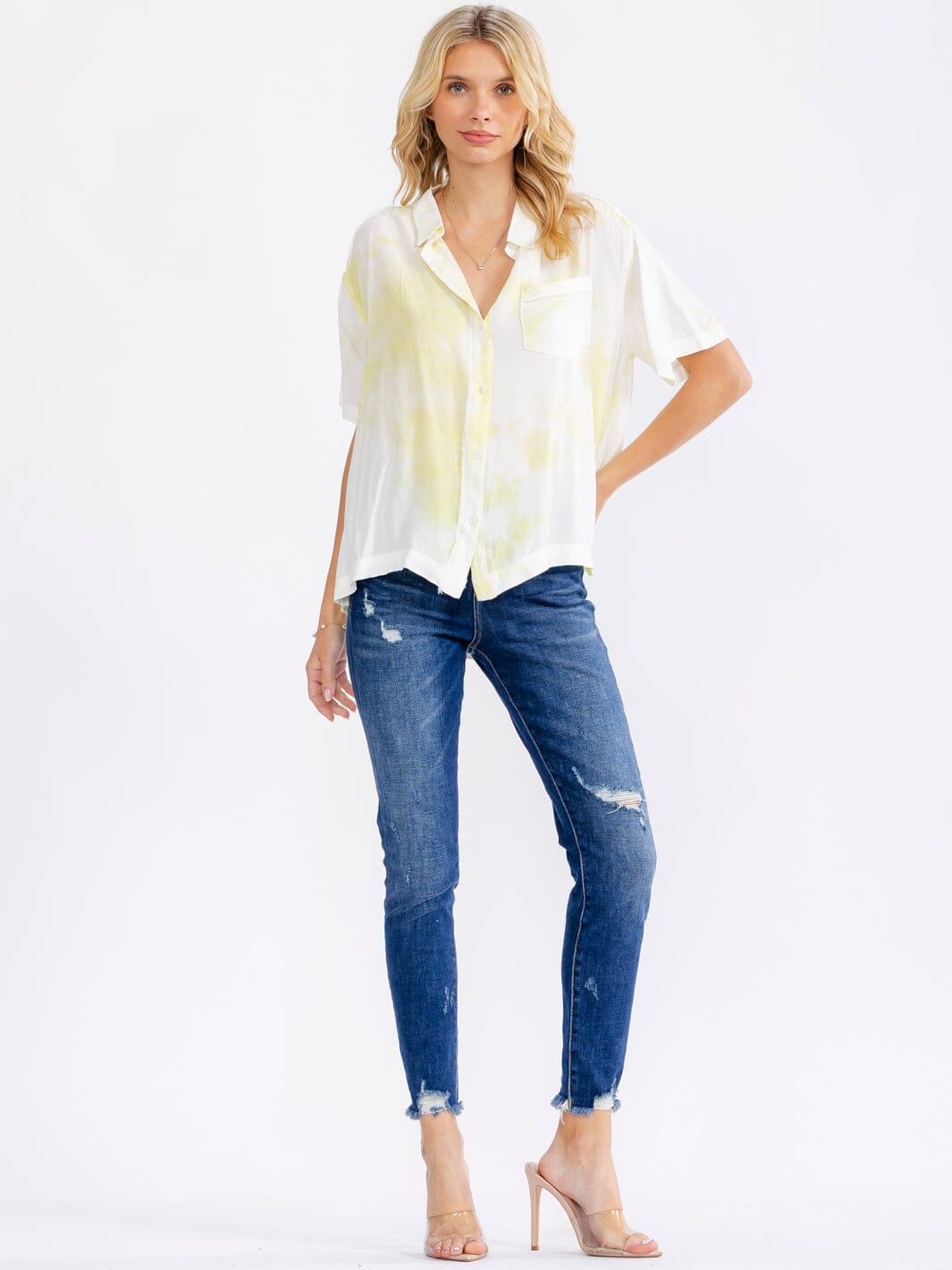 WOMEN'S SHORT SLEEVE FRONT POCKET BUTTON UP TIE DYE BLOUSE