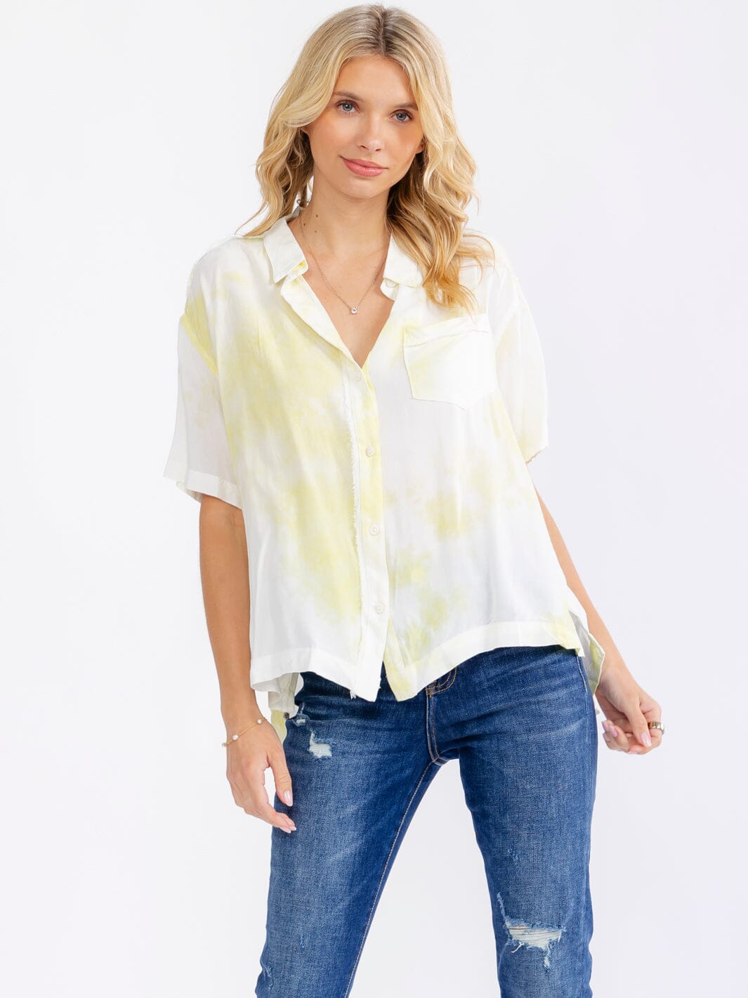 WOMEN'S SHORT SLEEVE FRONT POCKET BUTTON UP TIE DYE BLOUSE