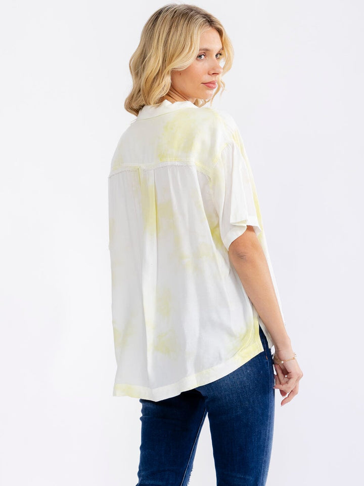 WOMEN'S SHORT SLEEVE FRONT POCKET BUTTON UP TIE DYE BLOUSE
