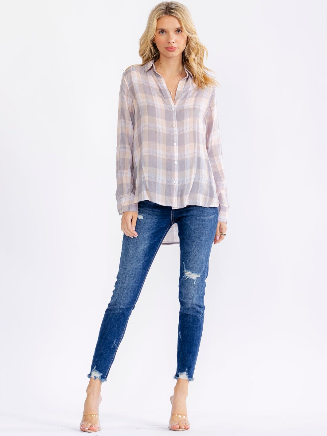 WOMEN'S LONG SLEEVE V-NECK BUTTON UP HIGH-LOW PLAID SHIRTS