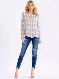 WOMEN'S LONG SLEEVE V-NECK BUTTON UP HIGH-LOW PLAID SHIRTS