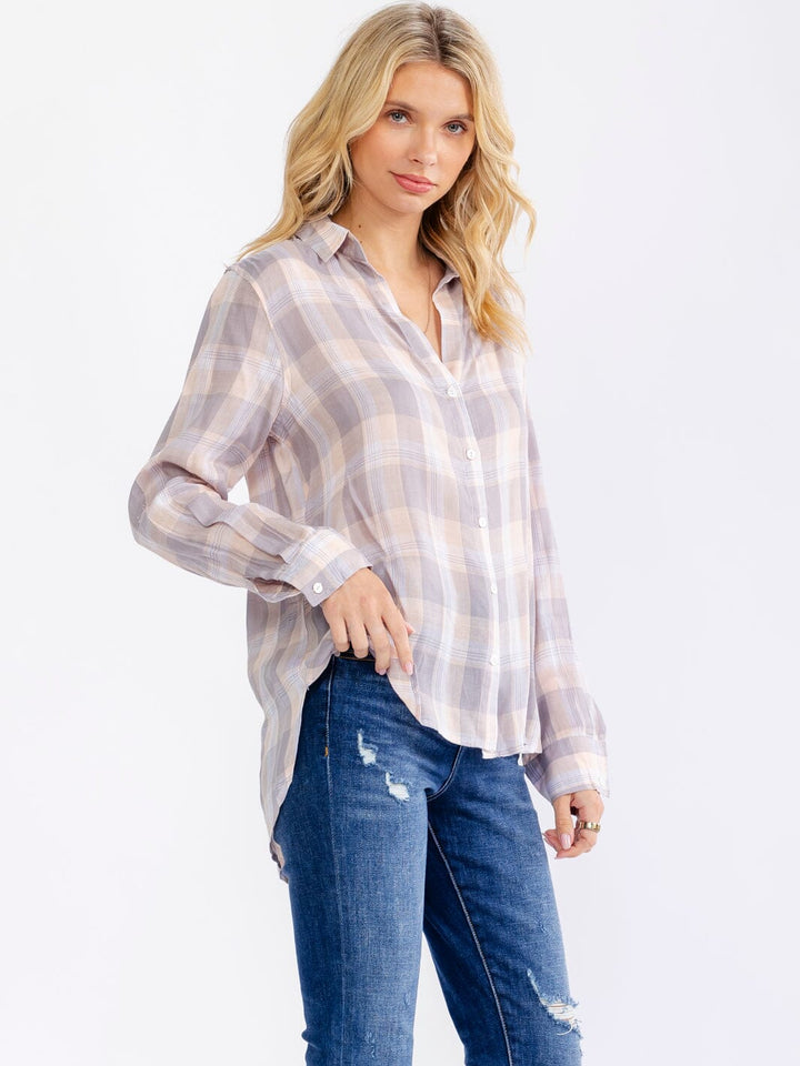 WOMEN'S LONG SLEEVE V-NECK BUTTON UP HIGH-LOW PLAID SHIRTS