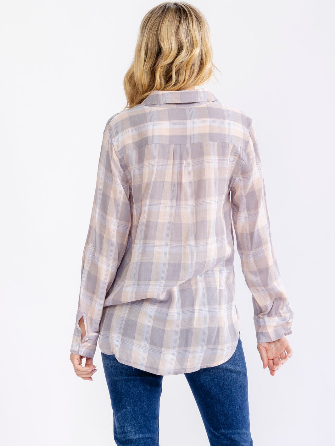 WOMEN'S LONG SLEEVE V-NECK BUTTON UP HIGH-LOW PLAID SHIRTS