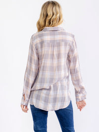 WOMEN'S LONG SLEEVE V-NECK BUTTON UP HIGH-LOW PLAID SHIRTS