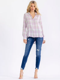WOMEN'S LONG SLEEVE V-NECK BUTTON UP HIGH-LOW PLAID SHIRTS
