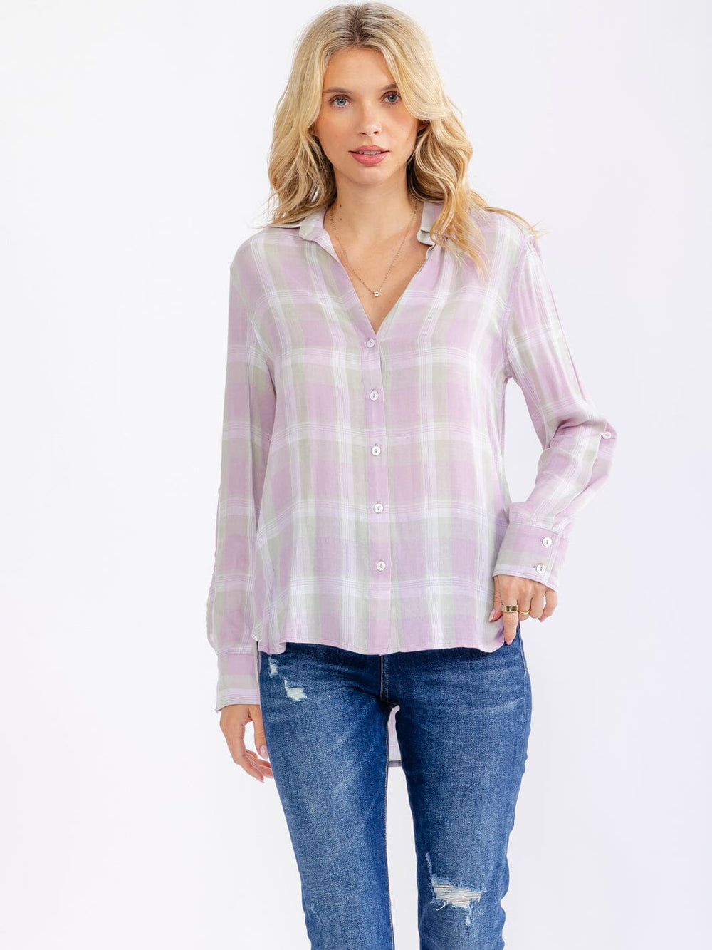 WOMEN'S LONG SLEEVE V-NECK BUTTON UP HIGH-LOW PLAID SHIRTS