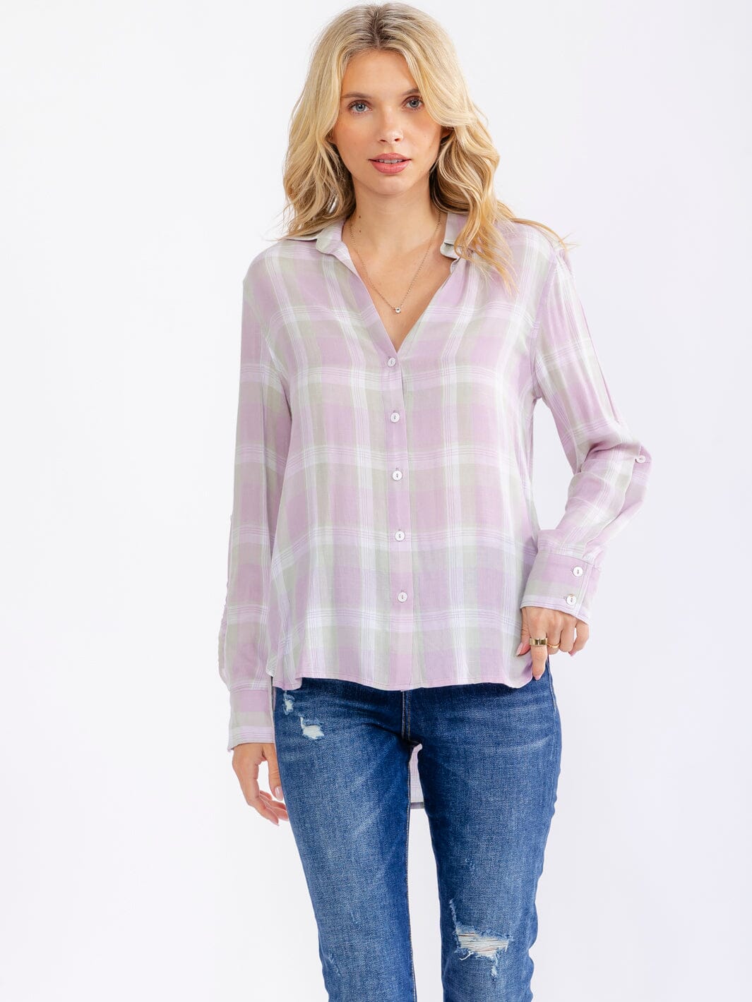 WOMEN'S LONG SLEEVE V-NECK BUTTON UP HIGH-LOW PLAID SHIRTS