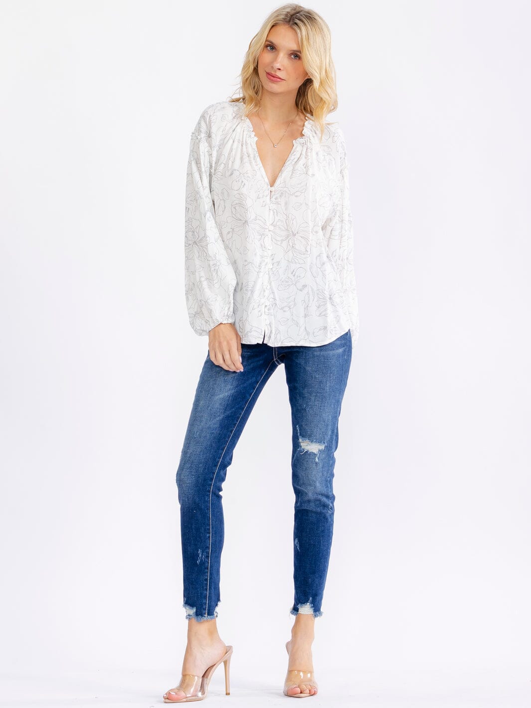 WOMEN'S LONG SLEEVE V-NECK BUTTON UP FLORAL BLOUSE