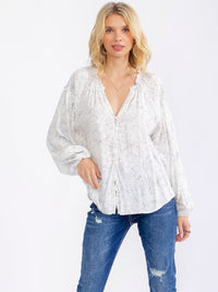WOMEN'S LONG SLEEVE V-NECK BUTTON UP FLORAL BLOUSE