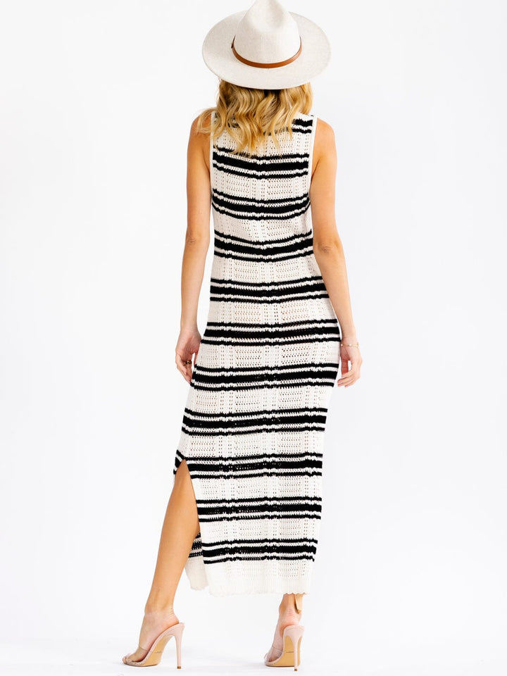 WOMEN'S SLEEVELESS SIDE SLIT BODYCON COLORBLOCK STRIPES KNIT MAXI DRESS