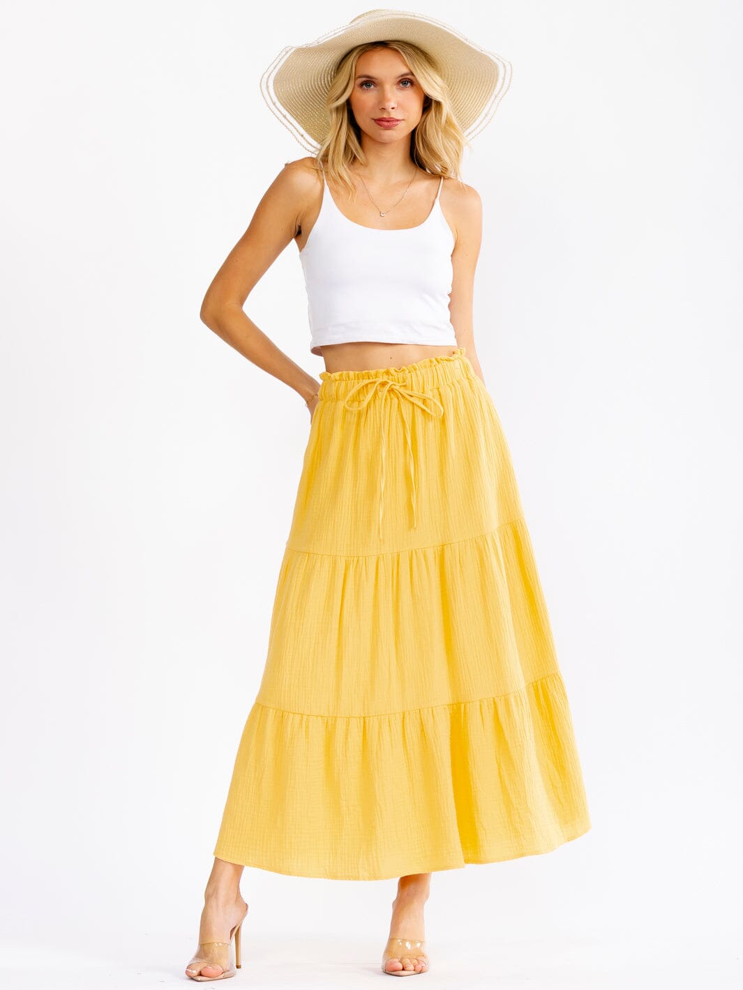 WOMEN'S ELASTIC WAIST FRONT POCKETS TIERED MAXI SKIRT