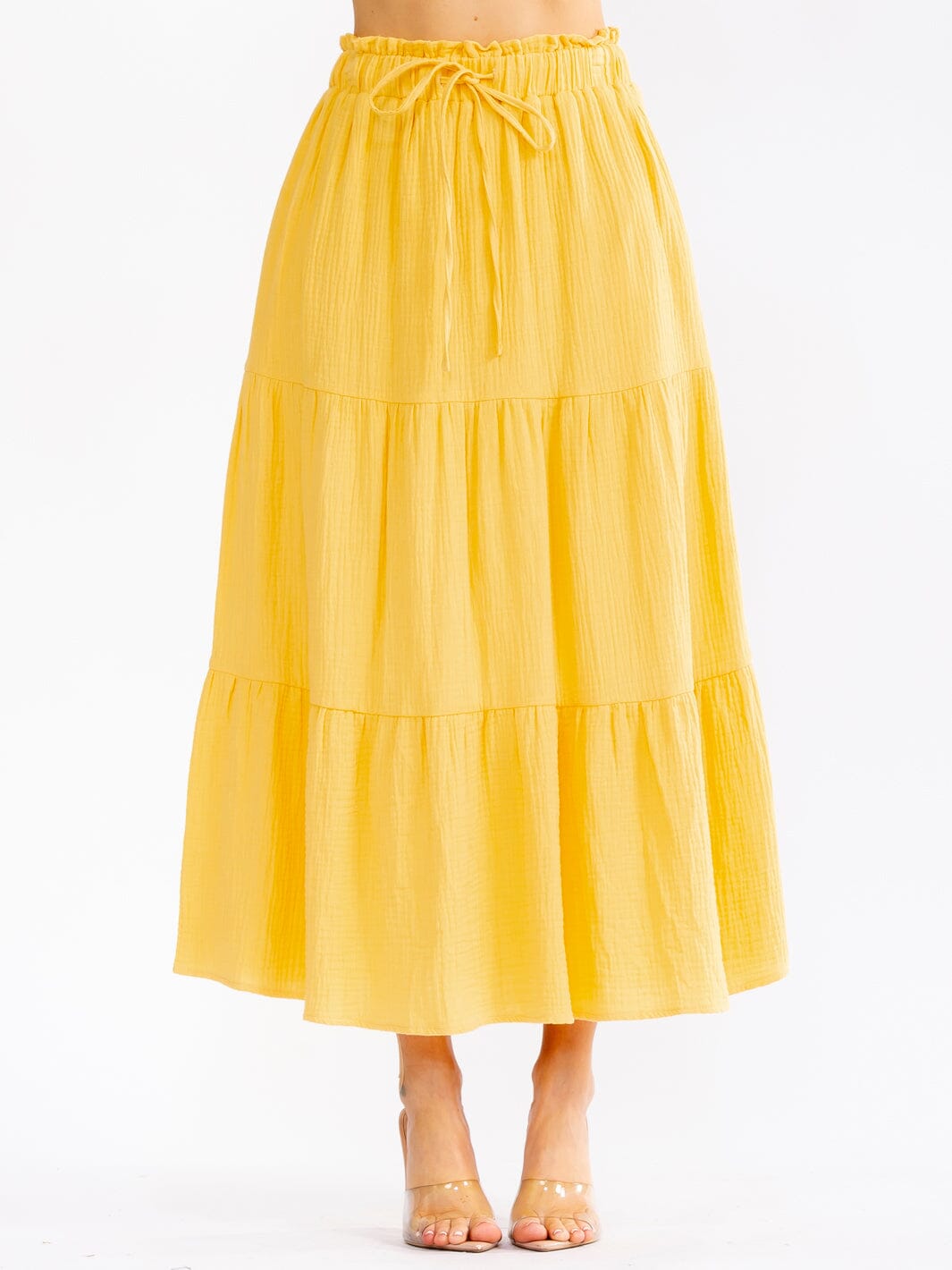 WOMEN'S ELASTIC WAIST FRONT POCKETS TIERED MAXI SKIRT