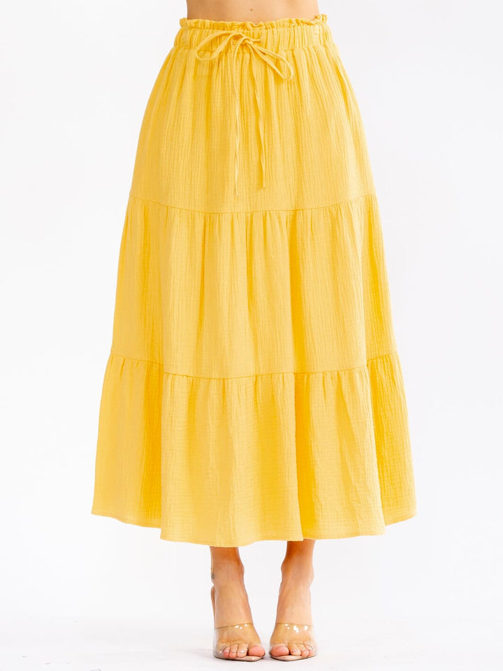WOMEN'S ELASTIC WAIST FRONT POCKETS TIERED MAXI SKIRT