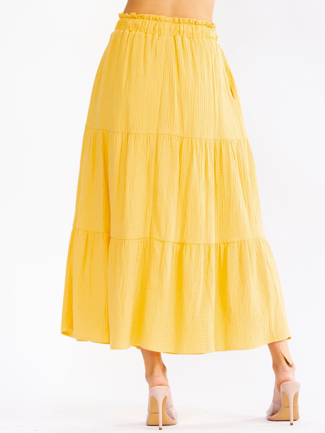 WOMEN'S ELASTIC WAIST FRONT POCKETS TIERED MAXI SKIRT