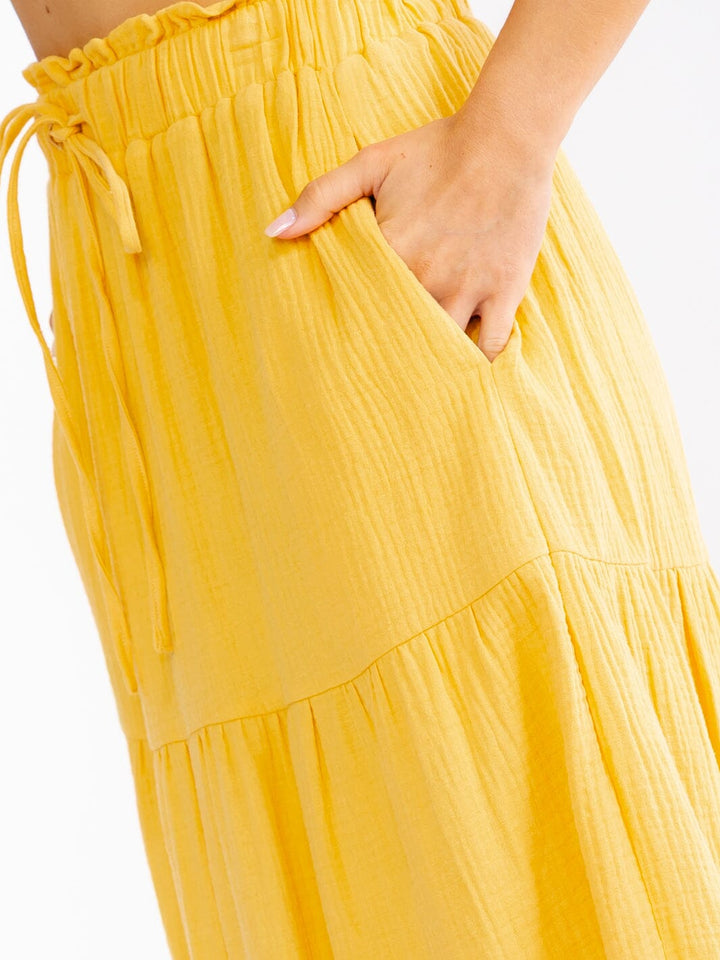 WOMEN'S ELASTIC WAIST FRONT POCKETS TIERED MAXI SKIRT