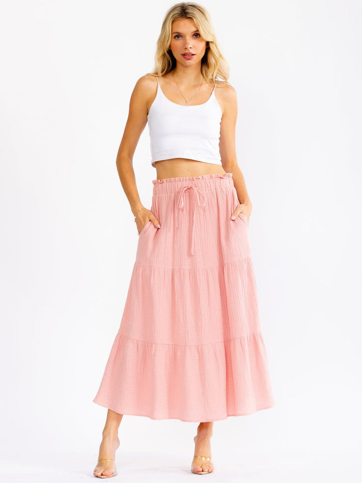 WOMEN'S ELASTIC WAIST FRONT POCKETS TIERED MAXI SKIRT