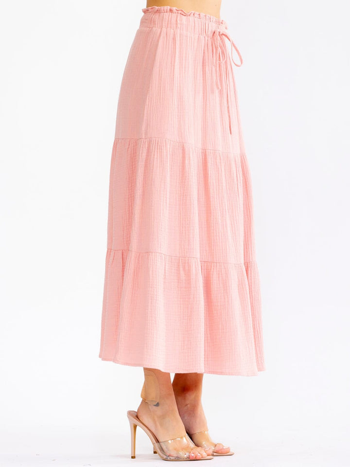WOMEN'S ELASTIC WAIST FRONT POCKETS TIERED MAXI SKIRT