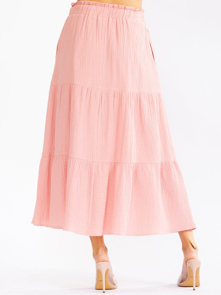 WOMEN'S ELASTIC WAIST FRONT POCKETS TIERED MAXI SKIRT