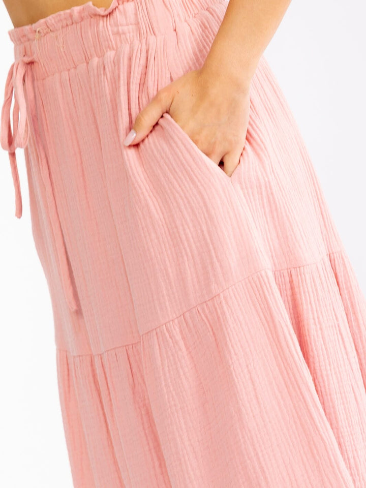 WOMEN'S ELASTIC WAIST FRONT POCKETS TIERED MAXI SKIRT