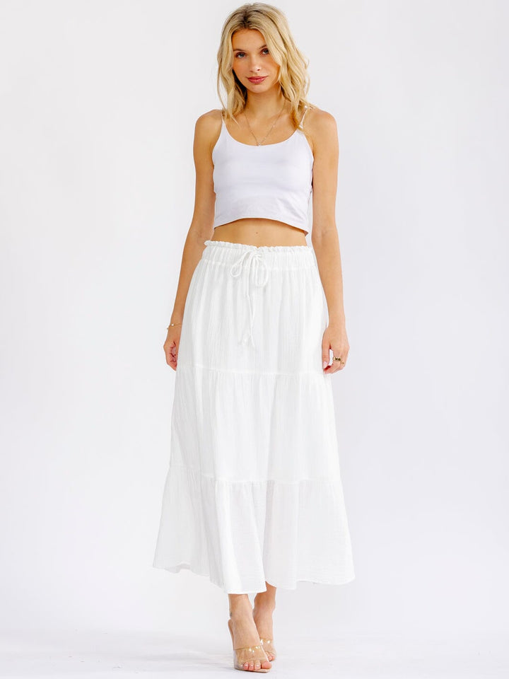 WOMEN'S ELASTIC WAIST FRONT POCKETS TIERED MAXI SKIRT