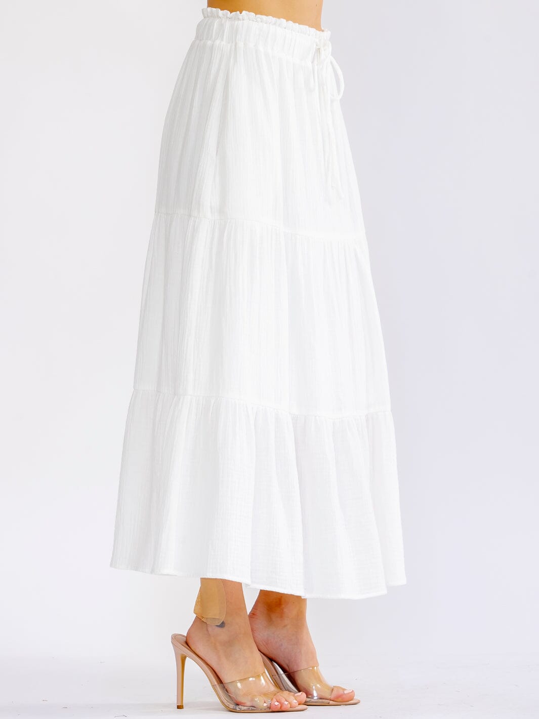 WOMEN'S ELASTIC WAIST FRONT POCKETS TIERED MAXI SKIRT