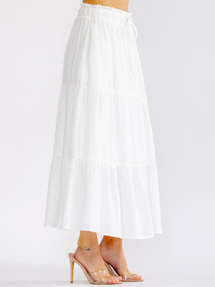 WOMEN'S ELASTIC WAIST FRONT POCKETS TIERED MAXI SKIRT