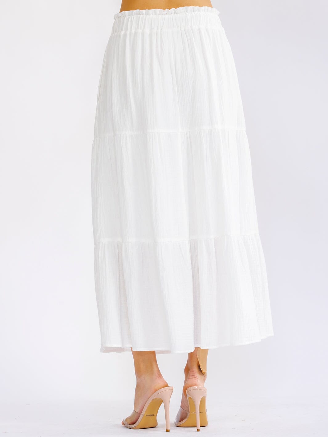 WOMEN'S ELASTIC WAIST FRONT POCKETS TIERED MAXI SKIRT