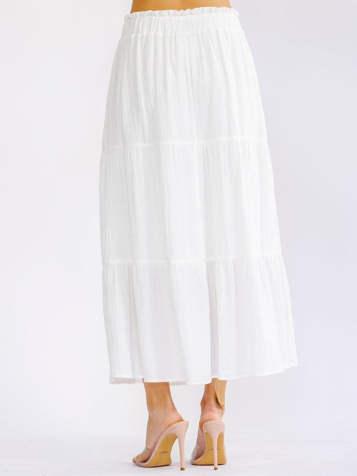 WOMEN'S ELASTIC WAIST FRONT POCKETS TIERED MAXI SKIRT