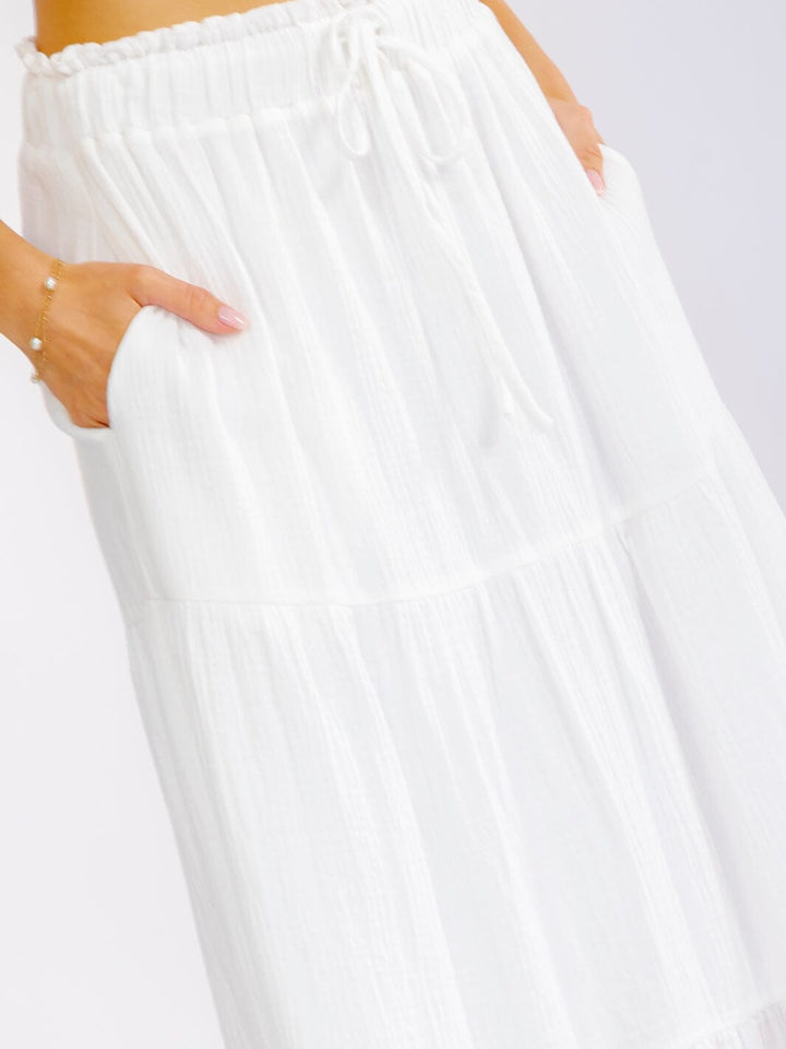 WOMEN'S ELASTIC WAIST FRONT POCKETS TIERED MAXI SKIRT