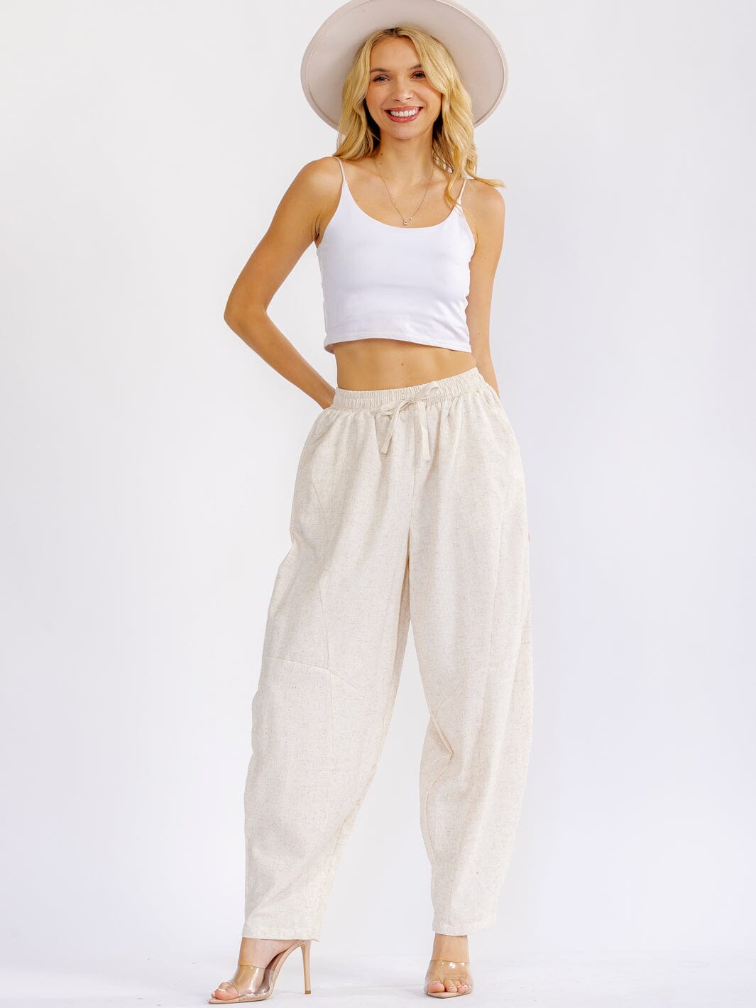 WOMEN'S ELASTIC WAIST FRONT POCKETS STRAIGHT LEG LINEN PANTS