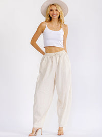 WOMEN'S ELASTIC WAIST FRONT POCKETS STRAIGHT LEG LINEN PANTS