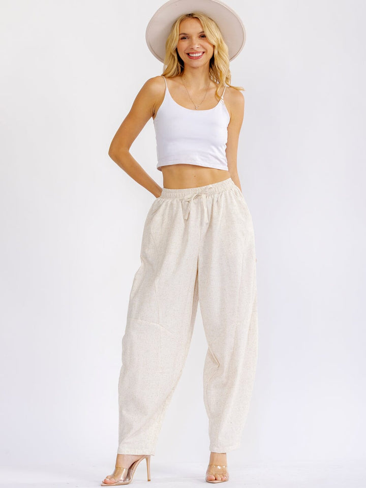 WOMEN'S ELASTIC WAIST FRONT POCKETS STRAIGHT LEG LINEN PANTS