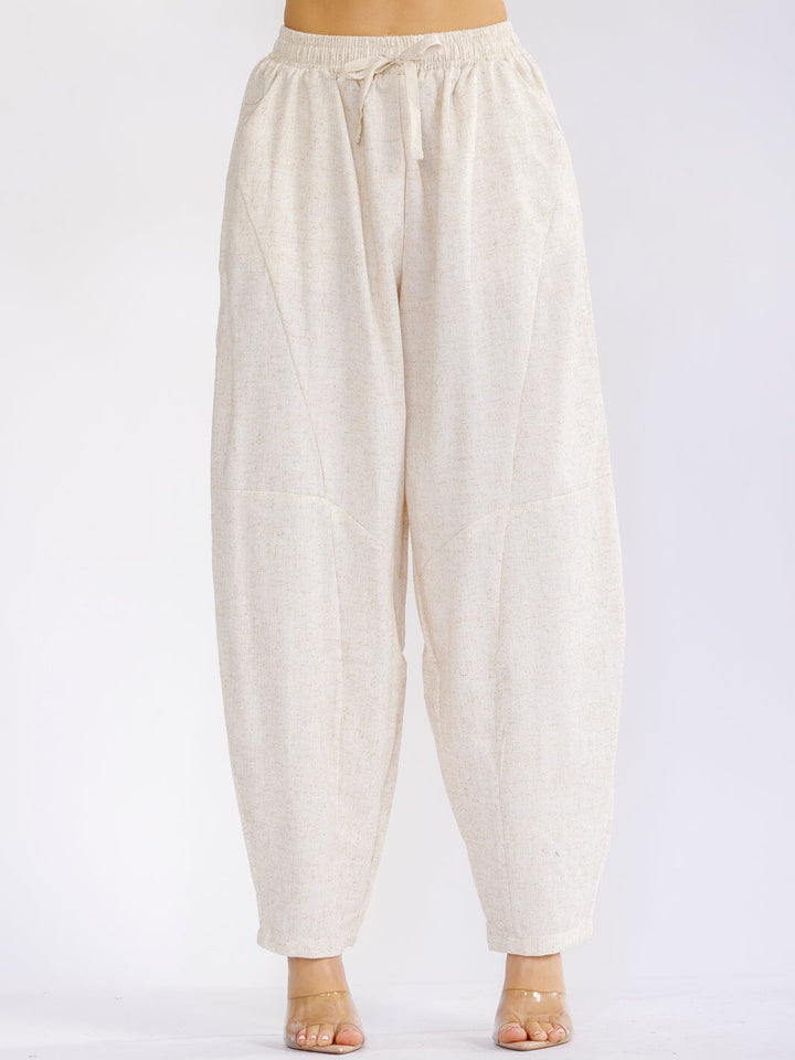 WOMEN'S ELASTIC WAIST FRONT POCKETS STRAIGHT LEG LINEN PANTS