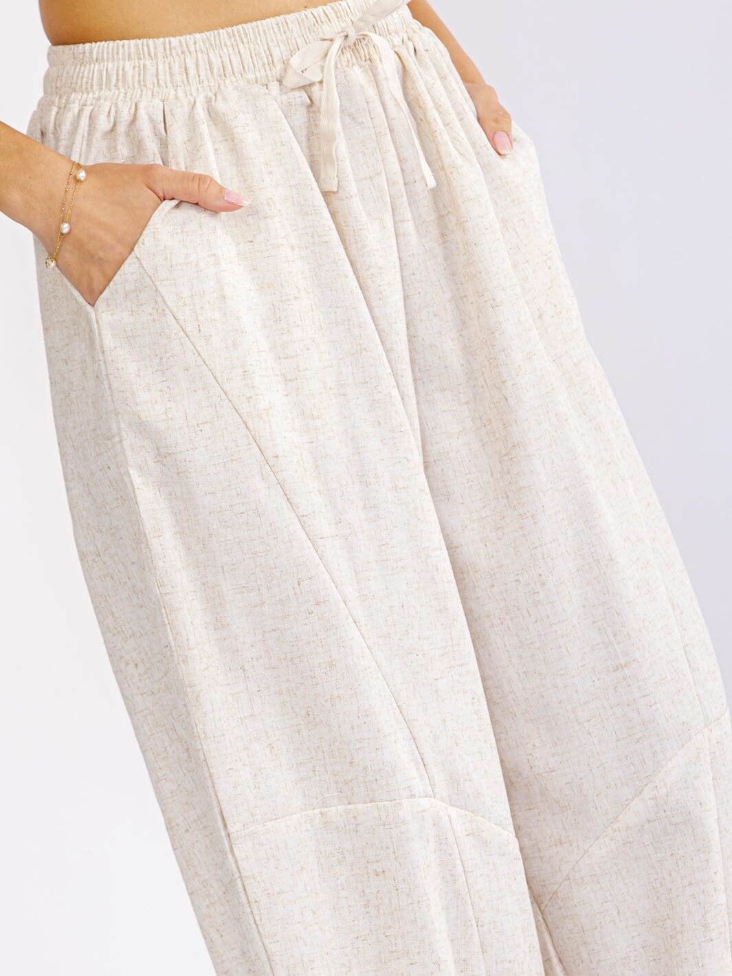 WOMEN'S ELASTIC WAIST FRONT POCKETS STRAIGHT LEG LINEN PANTS