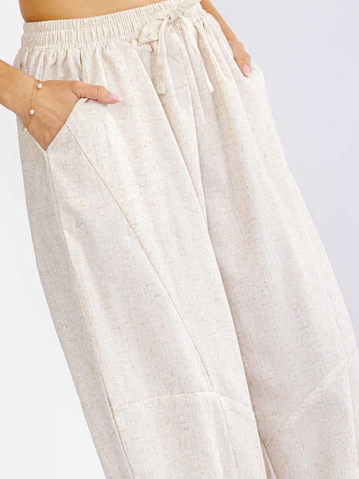 WOMEN'S ELASTIC WAIST FRONT POCKETS STRAIGHT LEG LINEN PANTS