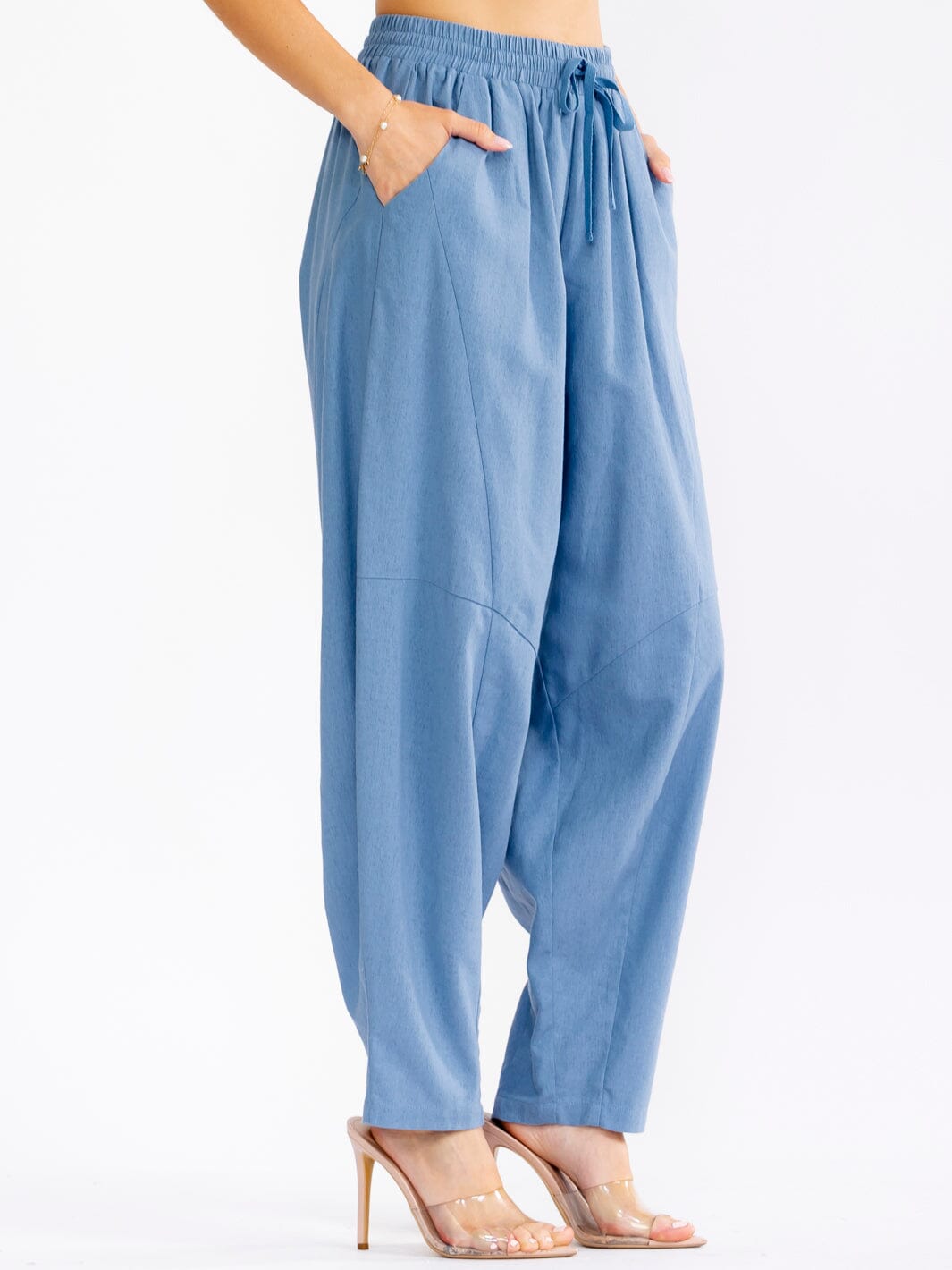 WOMEN'S ELASTIC WAIST FRONT POCKETS STRAIGHT LEG LINEN PANTS