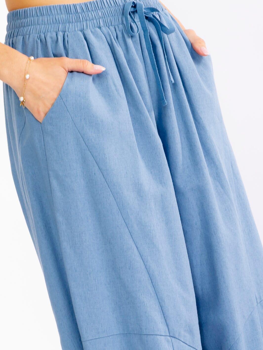 WOMEN'S ELASTIC WAIST FRONT POCKETS STRAIGHT LEG LINEN PANTS