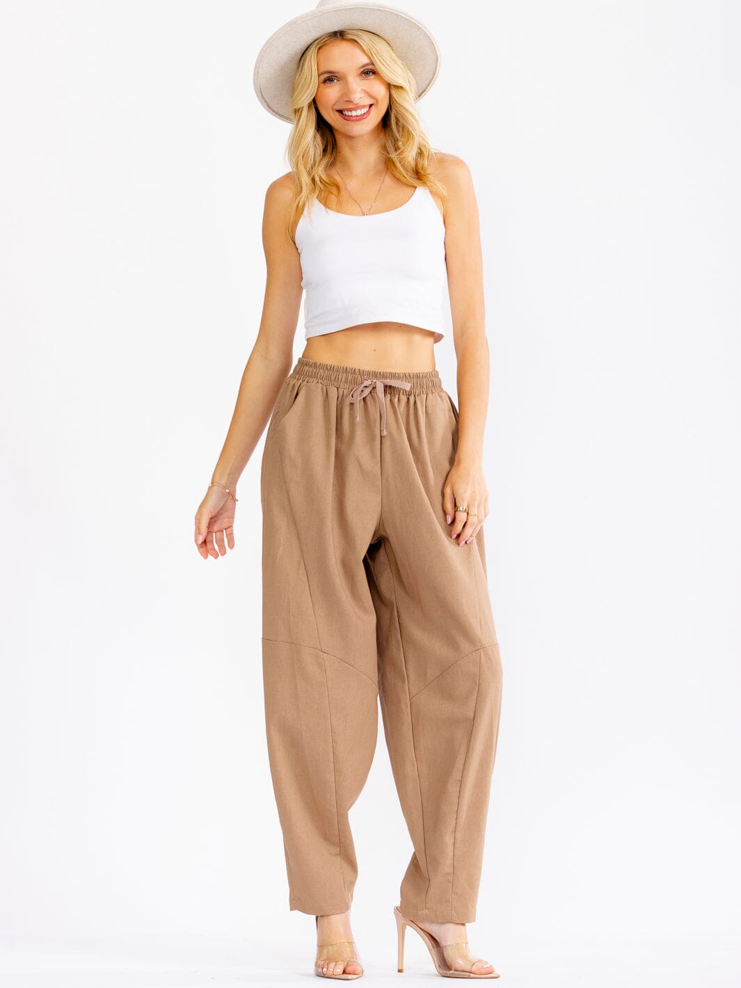WOMEN'S ELASTIC WAIST FRONT POCKETS STRAIGHT LEG LINEN PANTS