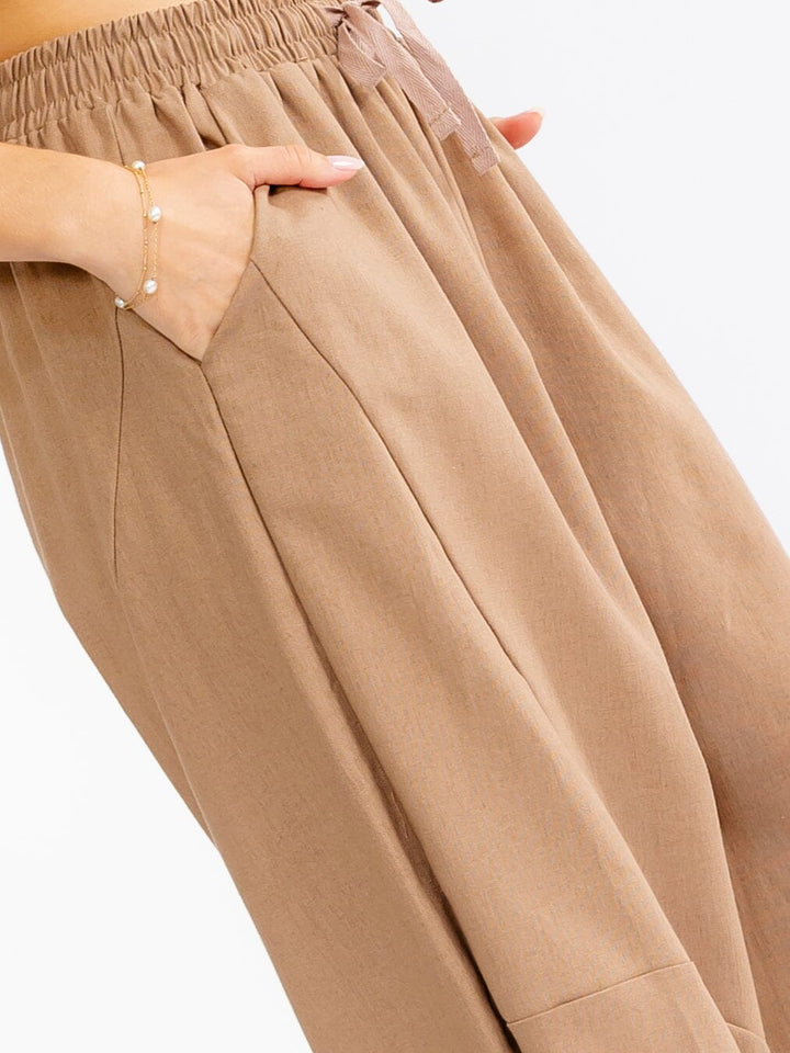 WOMEN'S ELASTIC WAIST FRONT POCKETS STRAIGHT LEG LINEN PANTS