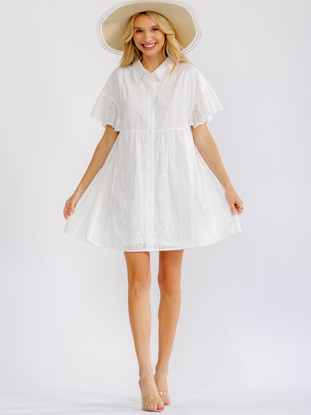 WOMEN'S SHORT SLEEVE BUTTON UP EYELET LOOSE FIT MINI DRESS