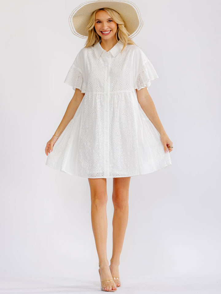 WOMEN'S SHORT SLEEVE BUTTON UP EYELET LOOSE FIT MINI DRESS
