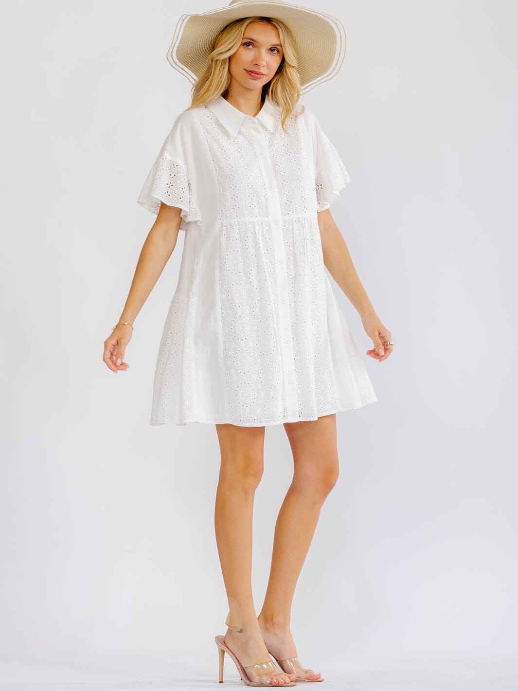 WOMEN'S SHORT SLEEVE BUTTON UP EYELET LOOSE FIT MINI DRESS