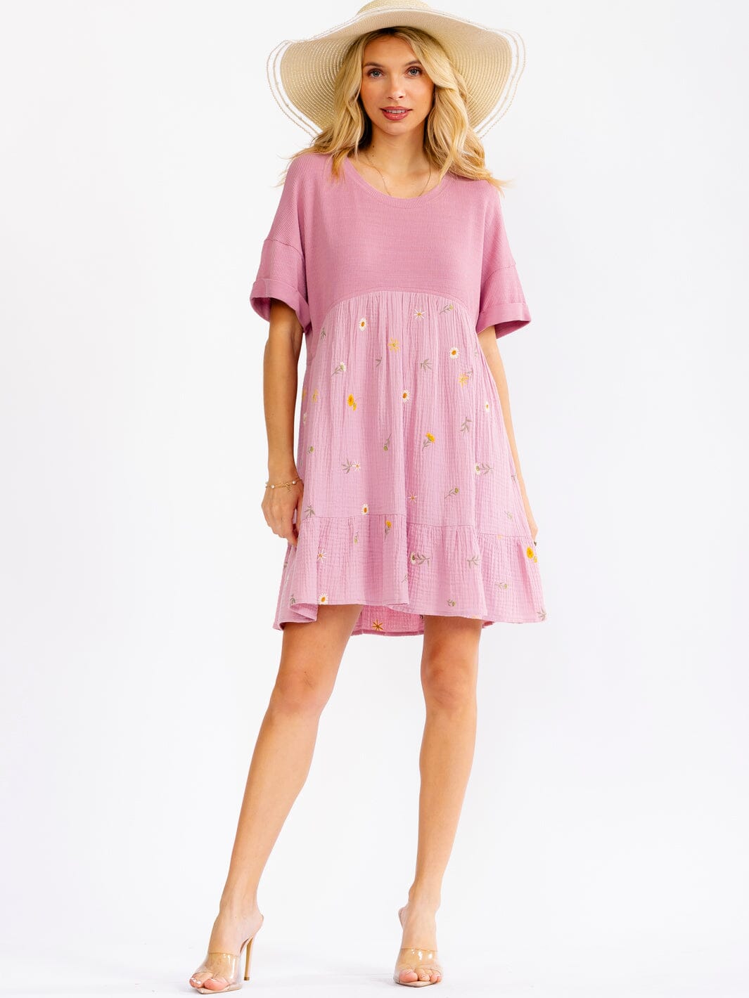 WOMEN'S SHORT SLEEVE FLORAL EMBROIDERY LOOSE FIT MINI DRESS