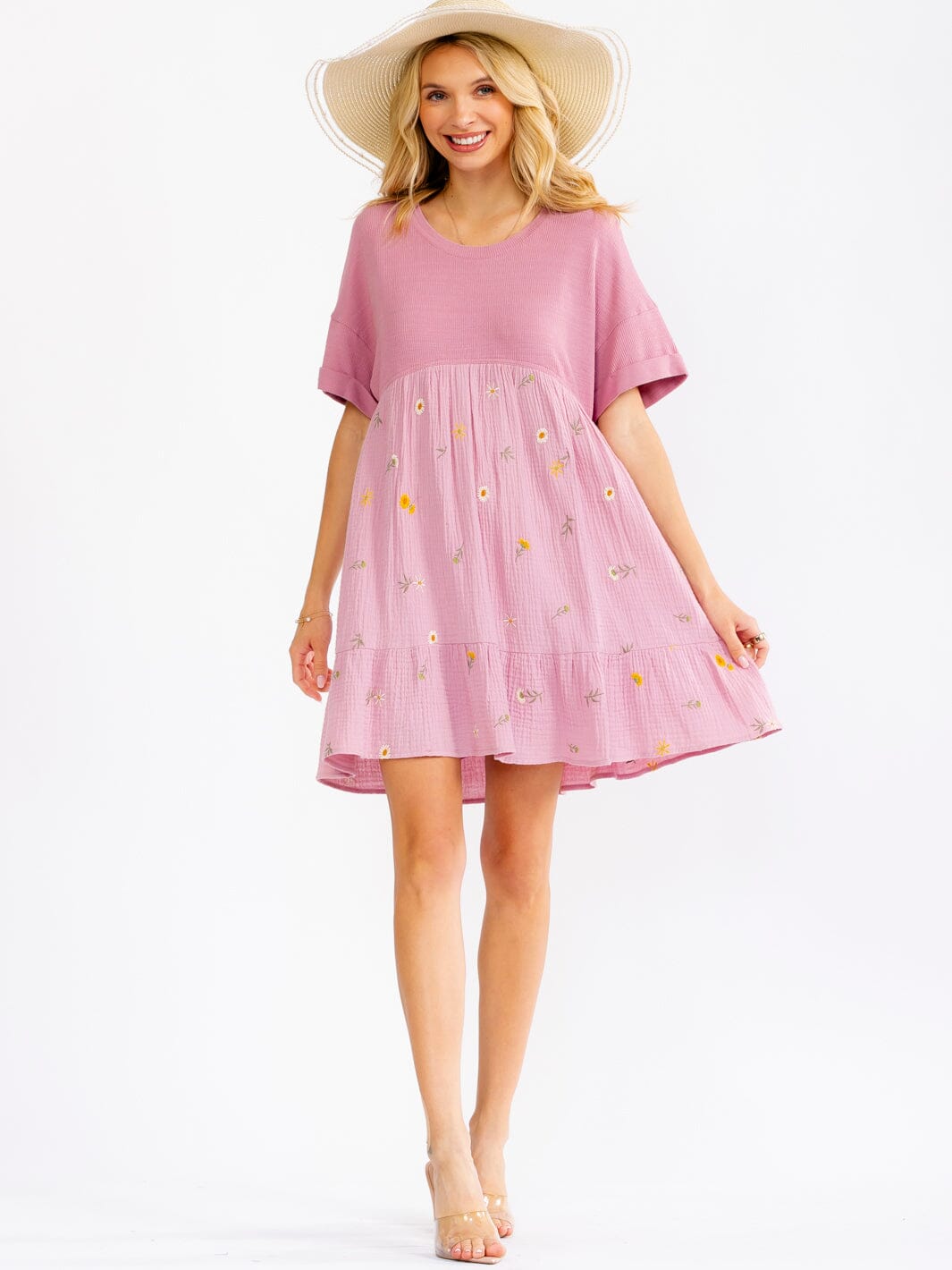 WOMEN'S SHORT SLEEVE FLORAL EMBROIDERY LOOSE FIT MINI DRESS