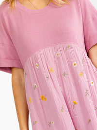 WOMEN'S SHORT SLEEVE FLORAL EMBROIDERY LOOSE FIT MINI DRESS