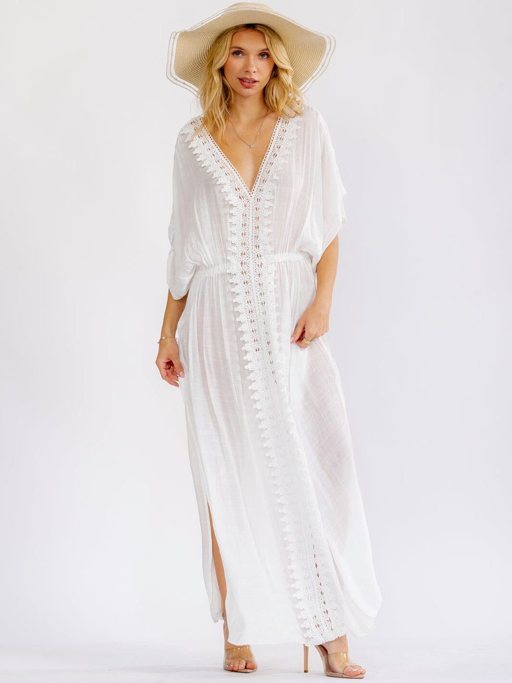 WOMEN'S SHORT SLEEVE V-NECK ELASTIC WAIST SIDE SLIT CROCHET TRIM MAXI DRESS