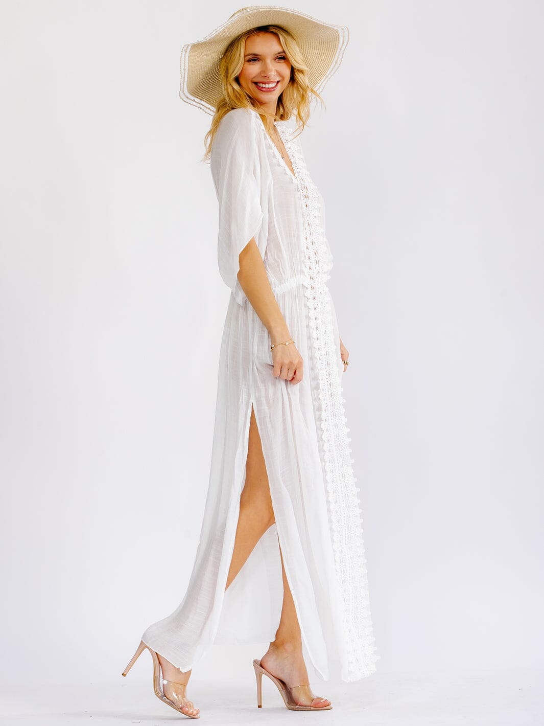 WOMEN'S SHORT SLEEVE V-NECK ELASTIC WAIST SIDE SLIT CROCHET TRIM MAXI DRESS